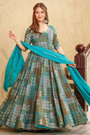 Turquoise Blue Heavy Digital Printed Gown with Dupatta