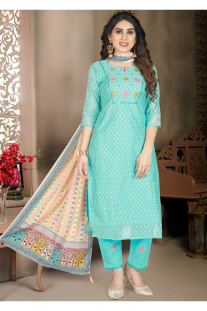 Turquoise Chanderi Silk Readymade Pant Kameez