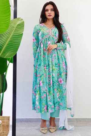 Turquoise Cotton Alia Cut Readymade Anarkali Suit