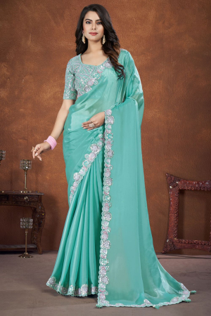 Turquoise Crepe Satin Silk Saree with Readymade Blouse
