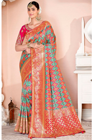 Turquoise Designer Silk Saree with Embroidered Blouse