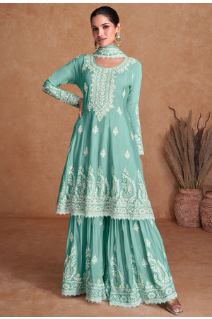 Turquoise Embroidered Chinnon Palazzo Kameez