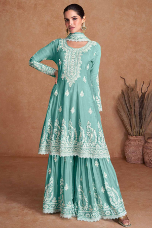 Turquoise Embroidered Chinnon Palazzo Kameez