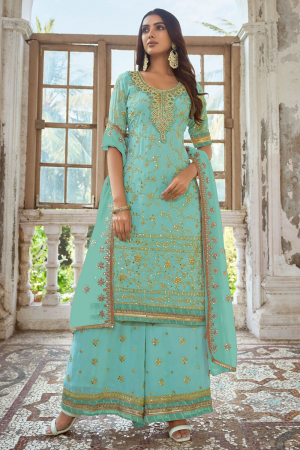 Turquoise Embroidered Faux Georgette Palazzo Kameez