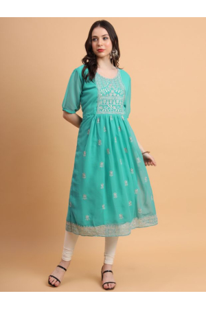 Turquoise Embroidered Georgette Kurti