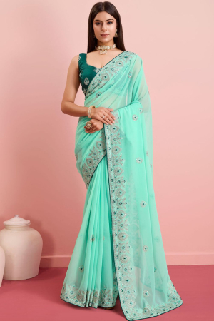 Turquoise Embroidered Georgette Saree for Festival