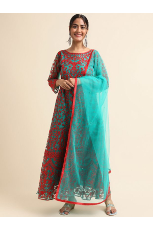 Turquoise Embroidered Net Anarkali Suit