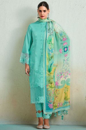 Turquoise Embroidered Pure Muslin Plus Size Suit