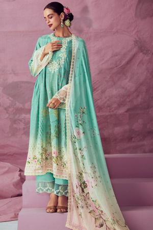 Turquoise Embroidered Pure Muslin Plus Size Suit