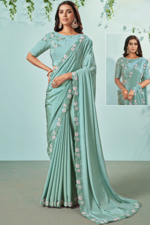 Turquoise Embroidered Silk Crepe Designer Saree