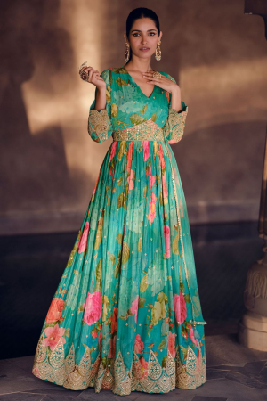 Turquoise Flared Georgette Anarkali Gown with Dupatta