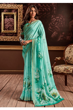 Turquoise Floral Print Pure Handloom Silk Saree