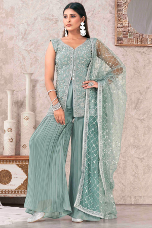 Turquoise Georgette Embroidered Sarara Kameez Suit