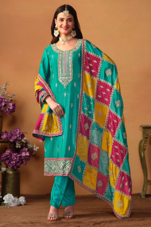 Turquoise Green Embroiudered Trouser Kameez Suit