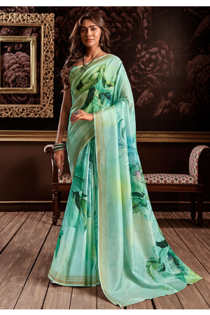 Turquoise Green Floral Print Pure Handloom Silk Saree