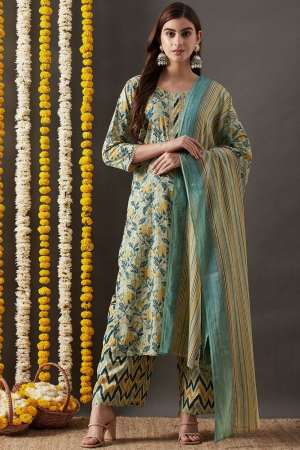 Turquoise Green Jaipuri Floral Print Kurta Plazzo Set with Dupatta