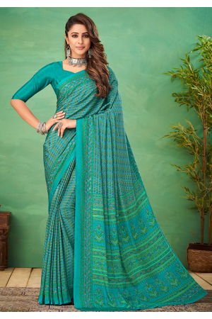 Turquoise Green Silk Crepe Printed Saree