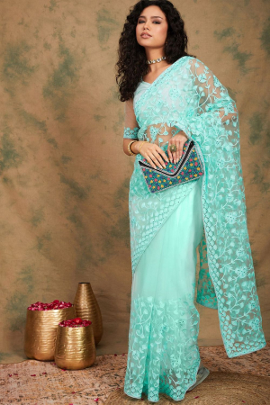 Turquoise Net Party Wear Saree