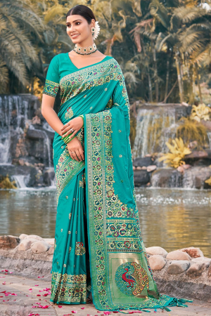 Turquoise Paithani Silk Zari Woven Saree