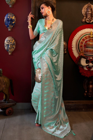 Turquoise Pure Satin Handloom Weaving Saree