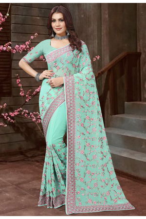 Turquoise Resham Embroidered Georgette Saree