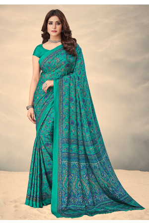 Turquoise Silk Crepe Printed Saree