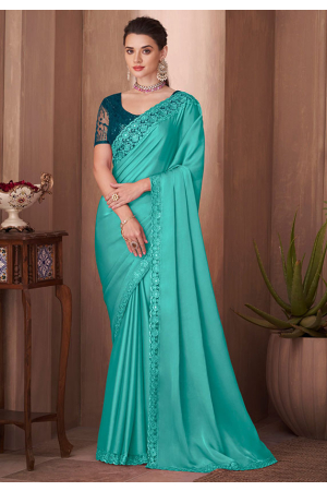 Turquoise Silk Saree with Embroidered Blouse