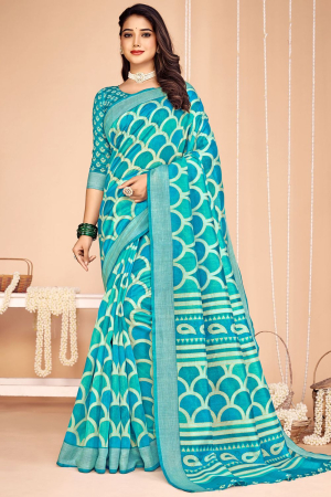 Turquoise Tussar Silk Digital Printed Saree
