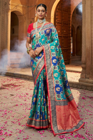Turquoise Velvet Tussar Silk Woven Saree