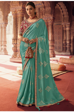 Turquoise Viscose Silk Designer Saree