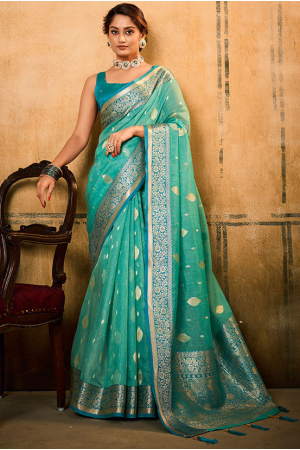 Turquoise Weaving Pallu Tissue Saree