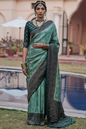 Turquoise Woven Satin Saree for Wedding