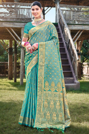 Turquoise Woven Satin Silk Saree