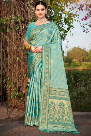 Turquoise Woven Satin Silk Saree