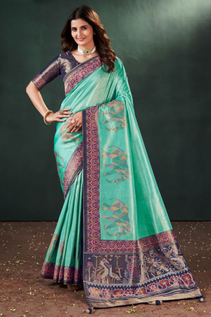 Turquoise Zari Woven Designer Silk Saree