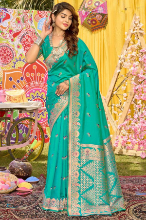 Turquoise Zari Woven Silk Saree for Wedding