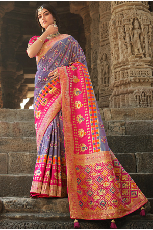 Violet and Rani Pink Silk Saree with Embroidered Blouse