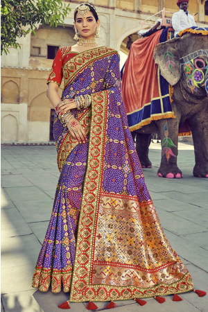 Violet Bandhej Patola Pure Silk Saree with Double Blouse