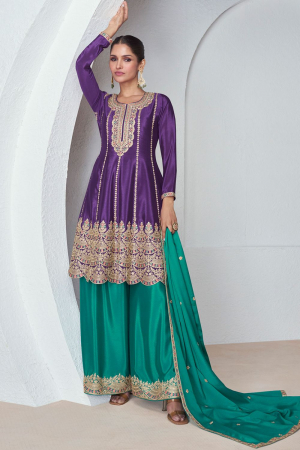 Violet Embroidered Chinnon Silk Palazzo Kameez