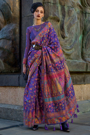 Violet Kashmiri Handloom Weaving Organza Saree