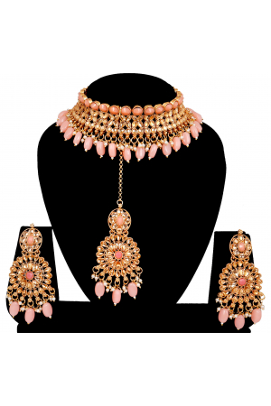 Wedding Wear Gold Plated Peach Kundan Choker Necklace Set