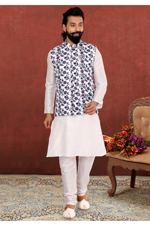 Off White Dupion Silk Kurta Pyjama Set with Cotton Print Jacket