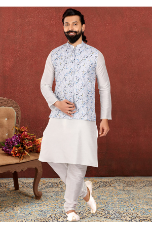 Off White Dupion Silk Kurta Pyjama Set with Cotton Print Jacket