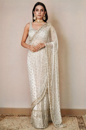 Off White Embroidered Net Saree