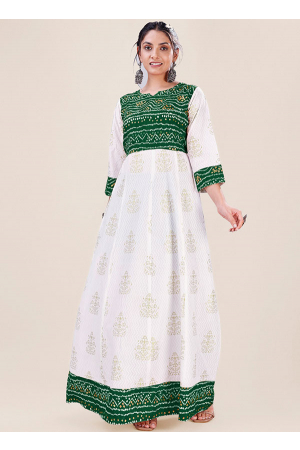 White and Bottle Green Bandhani Print Rayon Gown