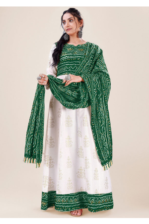 White and Bottle Green Bandhani Print Rayon Gown with Dupatta