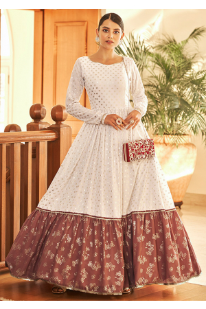 White and Brown Flared Georgette Gown