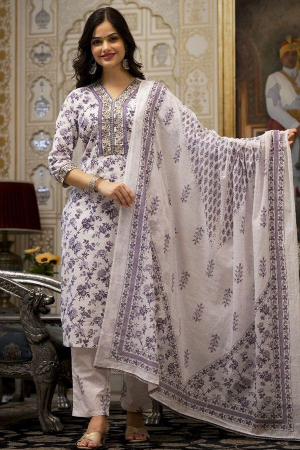 White and Dusty Lavender Printed Cotton Readymade Pant Kameez