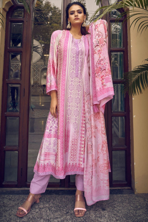 White and Lilac Pink Printed Pure Muslin Pant Kameez