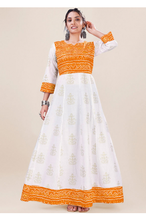 White and Mustard Bandhani Print Rayon Gown